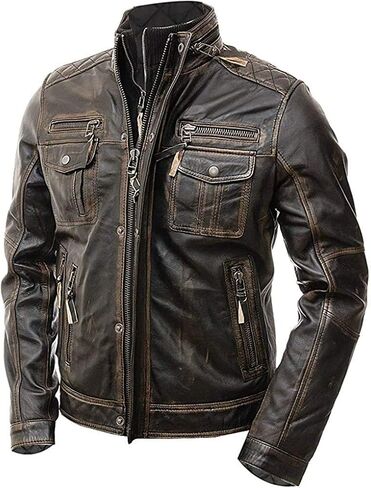 SNA Collection Men’s Motorcycle Biker Slim Fit Vintage Distressed Brown Cafe Racer Real Leather Jacket in Saudi Arabia