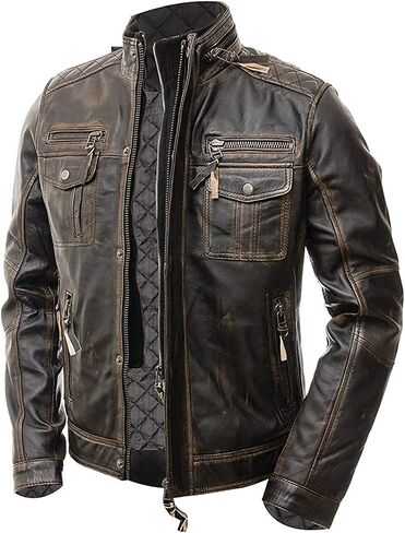 SNA Collection Men’s Motorcycle Biker Slim Fit Vintage Distressed Brown Cafe Racer Real Leather Jacket in Saudi Arabia