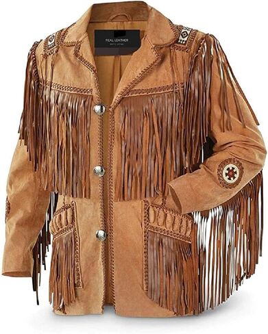 LEATHERAY Men's Fashion Western Fringe & Beaded Jacket Suede Leather in Kuwait