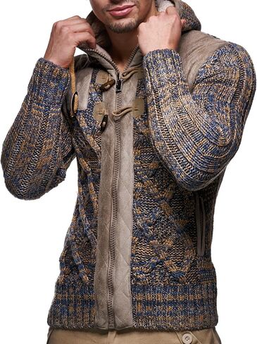 Leif Nelson LN20525 Men's Knit Zip-up Jacket with Geometric Patterns and Leather Accents, Size US XXL, Brown in Saudi Arabia
