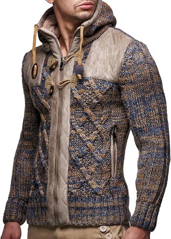 Leif Nelson LN20525 Men's Knit Zip-up Jacket with Geometric Patterns and Leather Accents, Size US XXL, Brown in Saudi Arabia
