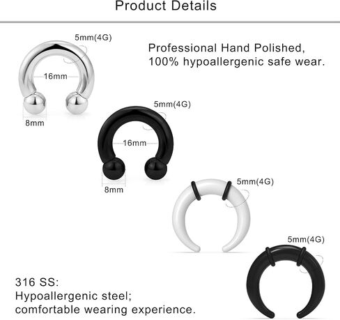Lcolyoli Large Septum Rings 14G 12G 8G 6G 4G PA Ring Internally Threaded Ball Horseshoe Barbell Stainless Steel & Acrylic Plastic Pincher Tapers C Shape Buffalo Stretcher Expander for Women Men in Saudi Arabia