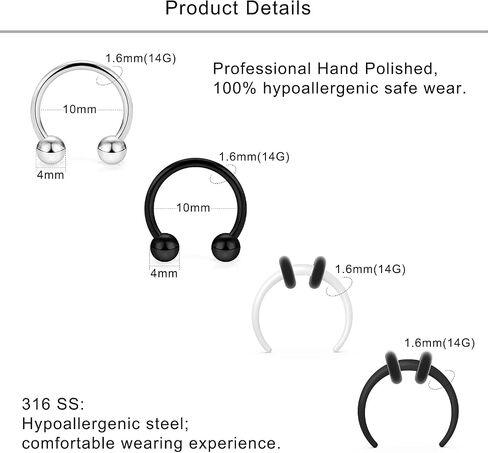 Lcolyoli Large Septum Rings 14G 12G 8G 6G 4G PA Ring Internally Threaded Ball Horseshoe Barbell Stainless Steel & Acrylic Plastic Pincher Tapers C Shape Buffalo Stretcher Expander for Women Men in Saudi Arabia
