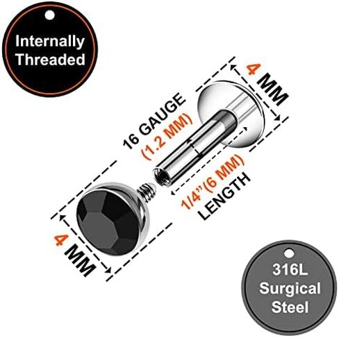 3PCS Surgical Steel Internally Threaded Labret Studs 16g 1.2mm Crystal Monroe Earrings Piercing Jewelry Pick Size and Color in Kuwait