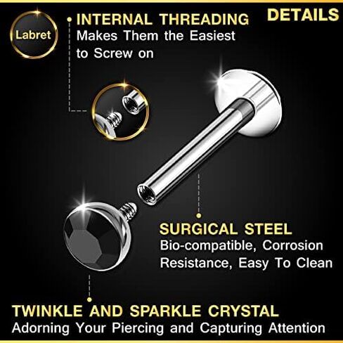 3PCS Surgical Steel Internally Threaded Labret Studs 16g 1.2mm Crystal Monroe Earrings Piercing Jewelry Pick Size and Color in Kuwait