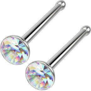 2pc 20g Surgical Stainless Steel Bone Nose Rings Straight Stud Nostril 1mm crystal CZ crystal Pin