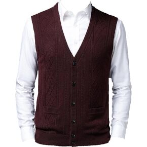 Mens Sleeveless Cardigan Vest V-Neck Wool Blend Knitted Sweater Vests Casual Fit Jacquard Twisted Suits Waistcoat (Red-Brown,Medium) in Kuwait