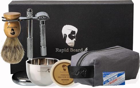 Shaving Kit for Men Wet Shave - Safety Razor with 10 blades, Shaving Badger Hair Brush, Sandalwood Shaving Soap Cream, Shaving Stand, Stainless Steel Bowl Mug, Canvas Dopp Kit - Gift Set in Saudi Arabia