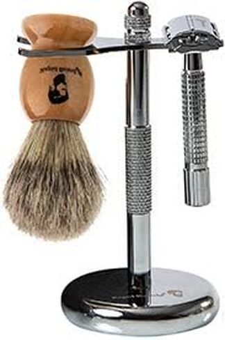 Shaving Kit for Men Wet Shave - Safety Razor with 10 blades, Shaving Badger Hair Brush, Sandalwood Shaving Soap Cream, Shaving Stand, Stainless Steel Bowl Mug, Canvas Dopp Kit - Gift Set in Saudi Arabia
