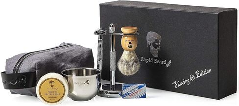 Shaving Kit for Men Wet Shave - Safety Razor with 10 blades, Shaving Badger Hair Brush, Sandalwood Shaving Soap Cream, Shaving Stand, Stainless Steel Bowl Mug, Canvas Dopp Kit - Gift Set in Saudi Arabia