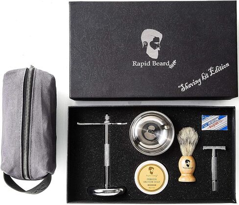 Shaving Kit for Men Wet Shave - Safety Razor with 10 blades, Shaving Badger Hair Brush, Sandalwood Shaving Soap Cream, Shaving Stand, Stainless Steel Bowl Mug, Canvas Dopp Kit - Gift Set in Saudi Arabia