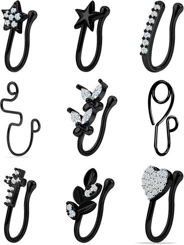 Vsnnsns Fake Nose Ring Stud Stainless Steel Faux Nose Piercing Jewelry Clip On Nose Ring Cuffs Non Piercing Nose Hoop Ring for Women Men 9pcs in Kuwait