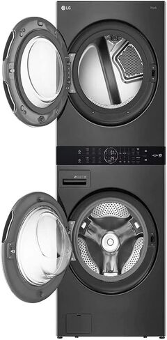 LG WKGX201HBA 27 Inch Smart Gas Single Unit WashTower with 4.5 cu. ft. Washer Capacity, 7.4 cu. ft. Dryer Capacity, TurboWash™360° Technology, LG ThinQ® Technology, AI Fabric Sensor, Black Steel in Saudi Arabia