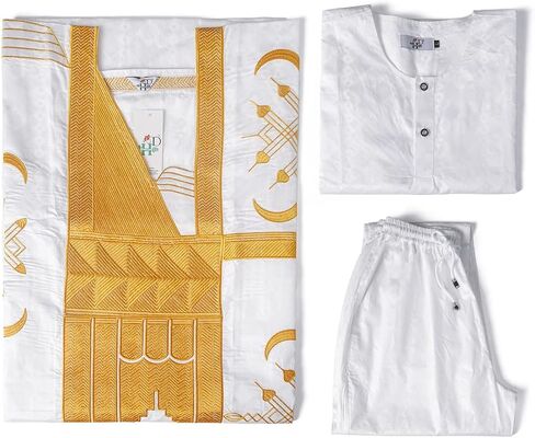 HD Traditional African Clothing for Men Nigerian Man's Agbada Embroidery Bazin Boubou Outfit in Kuwait