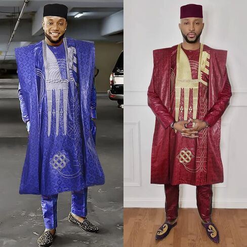HD Traditional African Clothing for Men Nigerian Man's Agbada Embroidery Bazin Boubou Outfit in Kuwait
