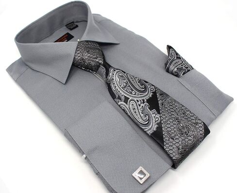 Christopher Tanner Men's Solid Square Pattern Regular Fit French Cuffs Dress Shirts with Tie Hanky Cufflinks Combo in Saudi Arabia