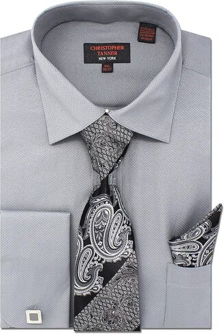 Christopher Tanner Men's Solid Square Pattern Regular Fit French Cuffs Dress Shirts with Tie Hanky Cufflinks Combo in Saudi Arabia