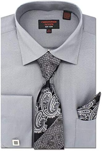 Christopher Tanner Men's Solid Square Pattern Regular Fit French Cuffs Dress Shirts with Tie Hanky Cufflinks Combo in Saudi Arabia