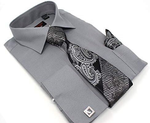 Christopher Tanner Men's Solid Square Pattern Regular Fit French Cuffs Dress Shirts with Tie Hanky Cufflinks Combo in Saudi Arabia