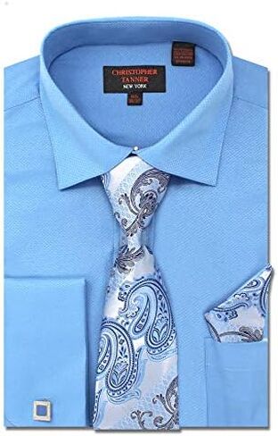 Christopher Tanner Men's Solid Square Pattern Regular Fit French Cuffs Dress Shirts with Tie Hanky Cufflinks Combo in Saudi Arabia