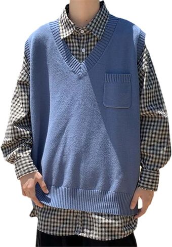 Sweater Vest Men Solid Fashion Daily Students Loose V-Neck Spring Korean Style Knitting Sleeveless in Saudi Arabia