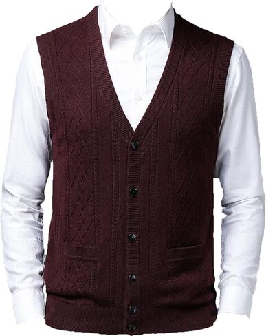 Mens Sleeveless Cardigan Vest V-Neck Wool Blend Knitted Sweater Vests Casual Fit Jacquard Twisted Suits Waistcoat (Red-Brown,Medium) in Kuwait