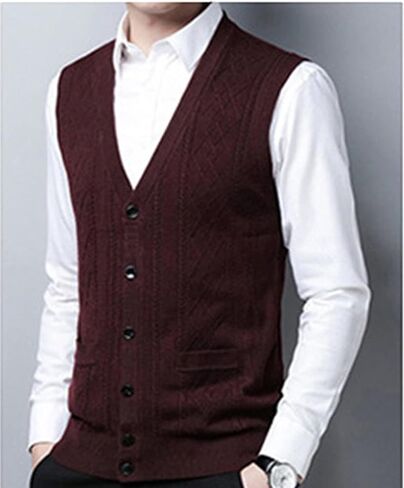Mens Sleeveless Cardigan Vest V-Neck Wool Blend Knitted Sweater Vests Casual Fit Jacquard Twisted Suits Waistcoat (Red-Brown,Medium) in Kuwait