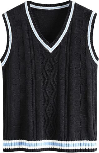 سترة OYOANGLE للرجال منسوجة مضلعة ورقبة على شكل حرف V بدون أكمام سترة Preppy in Kuwait