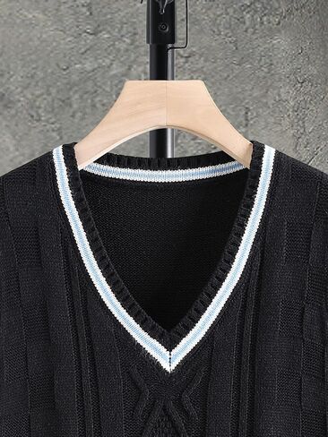 سترة OYOANGLE للرجال منسوجة مضلعة ورقبة على شكل حرف V بدون أكمام سترة Preppy in Kuwait