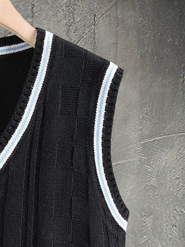 سترة OYOANGLE للرجال منسوجة مضلعة ورقبة على شكل حرف V بدون أكمام سترة Preppy in Kuwait