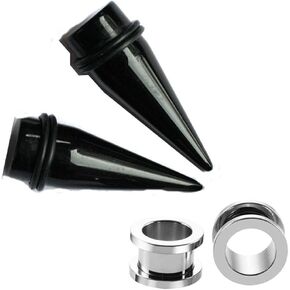 Pair Black Tapers and Steel Screw On Tunnels Plugs gauges Ear Stretching Kit 9mm 00g 7/16 1/2 9/16 5/8 3/4 7/8 1 inch