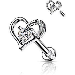 Amelia Fashion 16GA Paved Heart Contour Heart CZ Solitaire Internally Threaded 316L Surgical Steel Flat Back Studs for Labret, Monroe, Cartilage and More in Saudi Arabia
