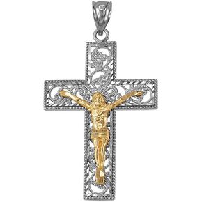 10K Two-Tone White and Yellow Gold Filigree Crucifix Cross DC Pendant (S/L) in Saudi Arabia