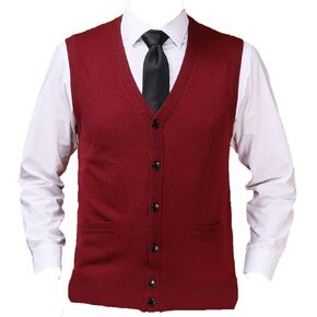 Mens Sleeveless Cardigan Vest V-Neck Wool Blend Knitted Sweater Vests Middle-aged And Elderly Casual Fit Cardigans Suits Vest (Red,Large) in Kuwait