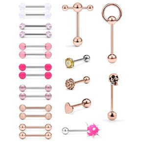SCERRING 14G Tongue Rings Stainless Steel Rose Skull Heart Tongue Nipple Ring Body Piercing Jewelry Retainer 21PCS in Saudi Arabia
