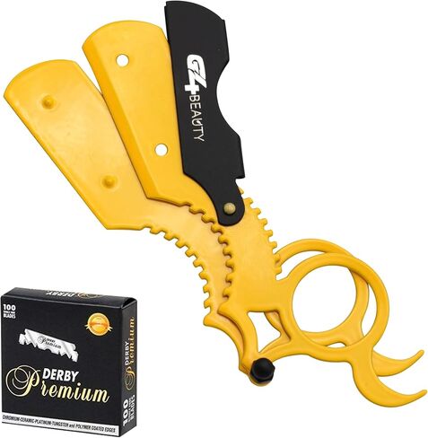 G4 Universal Replaceable Half Blade Straight Razor with 100 Blades, Professional Single Ring Barber Single Edge Shave Razor (Yellow) in Kuwait