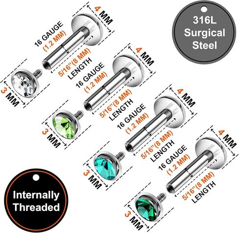 4PCS Steel Internally Labret Lip Rings 16g 1.2mm Crystal Ball Marilyn Monroe Earrings Piercing Jewelry Pick Size and Color in Kuwait