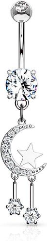 Pierced Owl - 14GA Stainless Steel Crystal Paved Crescent Moon and Stars Dangling Belly Button Ring in Saudi Arabia