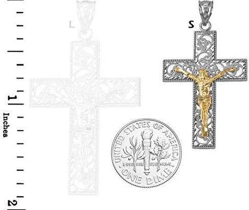 10K Two-Tone White and Yellow Gold Filigree Crucifix Cross DC Pendant (S/L) in Saudi Arabia