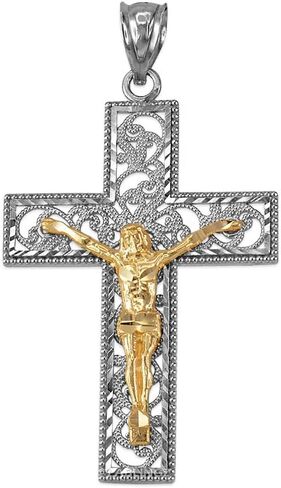 10K Two-Tone White and Yellow Gold Filigree Crucifix Cross DC Pendant (S/L) in Saudi Arabia