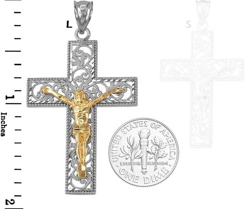 10K Two-Tone White and Yellow Gold Filigree Crucifix Cross DC Pendant (S/L) in Saudi Arabia