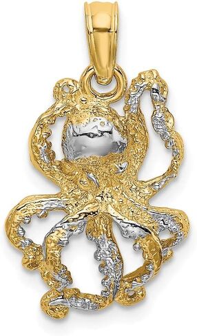 Solid 14k White and Yellow Gold Two Toned 2-D and Textured Octopus Charm Pendant - 17mm x 11mm in Saudi Arabia