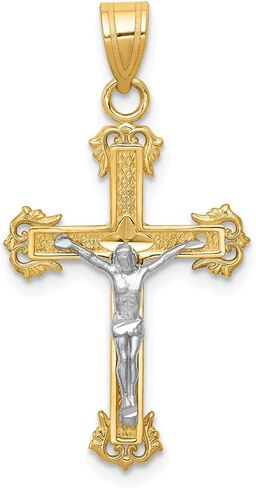 Solid 14k Yellow and White Gold Two Tone Diamond-cut Cross Pendant Crucifix Charm - 33mm x 16mm in Saudi Arabia