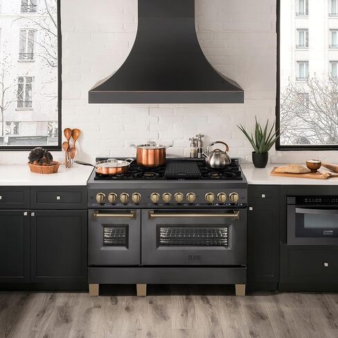 ZLINE Autograph Edition 48" 6.0 cu. ft. Dual Fuel Range with Gas Stove and Electric Oven in Black Stainless Steel with Champagne Bronze Accents (RABZ-48-CB) in Saudi Arabia