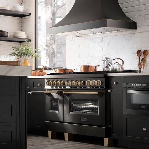 ZLINE Autograph Edition 48" 6.0 cu. ft. Dual Fuel Range with Gas Stove and Electric Oven in Black Stainless Steel with Champagne Bronze Accents (RABZ-48-CB) in Saudi Arabia