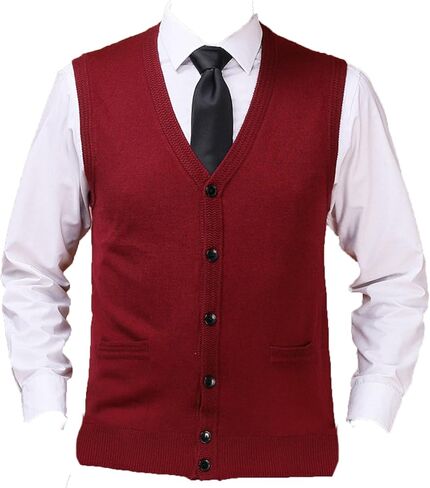 Mens Sleeveless Cardigan Vest V-Neck Wool Blend Knitted Sweater Vests Middle-aged And Elderly Casual Fit Cardigans Suits Vest (Red,Large) in Kuwait