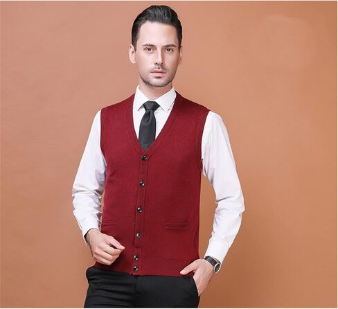 Mens Sleeveless Cardigan Vest V-Neck Wool Blend Knitted Sweater Vests Middle-aged And Elderly Casual Fit Cardigans Suits Vest (Red,Large) in Kuwait