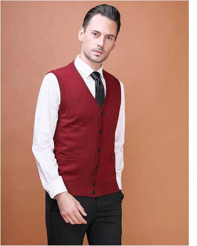 Mens Sleeveless Cardigan Vest V-Neck Wool Blend Knitted Sweater Vests Middle-aged And Elderly Casual Fit Cardigans Suits Vest (Red,Large) in Kuwait