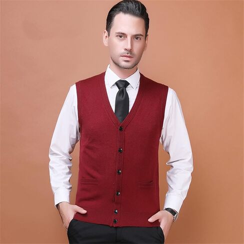 Mens Sleeveless Cardigan Vest V-Neck Wool Blend Knitted Sweater Vests Middle-aged And Elderly Casual Fit Cardigans Suits Vest (Red,Large) in Kuwait