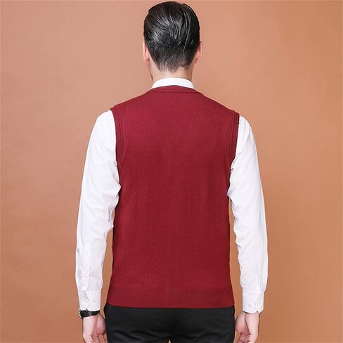 Mens Sleeveless Cardigan Vest V-Neck Wool Blend Knitted Sweater Vests Middle-aged And Elderly Casual Fit Cardigans Suits Vest (Red,Large) in Kuwait